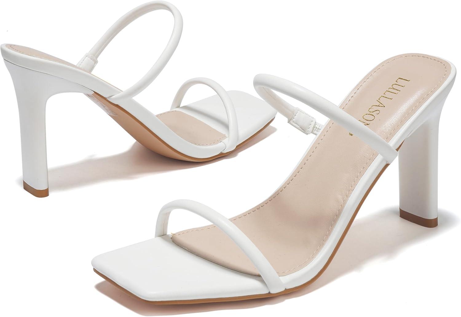 imageWomens Heels Sandals Block Chunky Mid Heels Slip On Slides 35 Inch Heeled Square Open Toe Sandals for WomenWhite