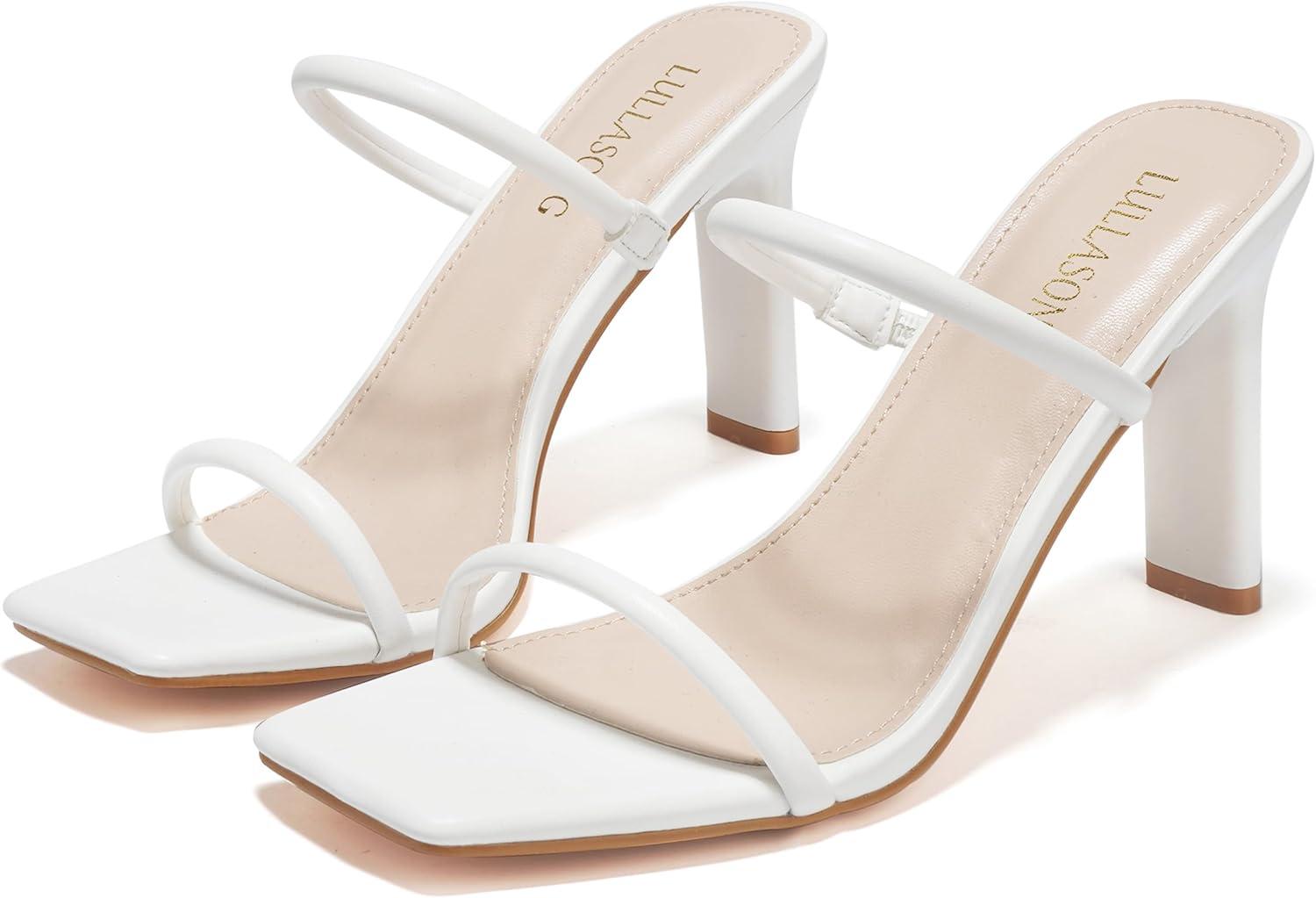 imageWomens Heels Sandals Block Chunky Mid Heels Slip On Slides 35 Inch Heeled Square Open Toe Sandals for WomenWhite