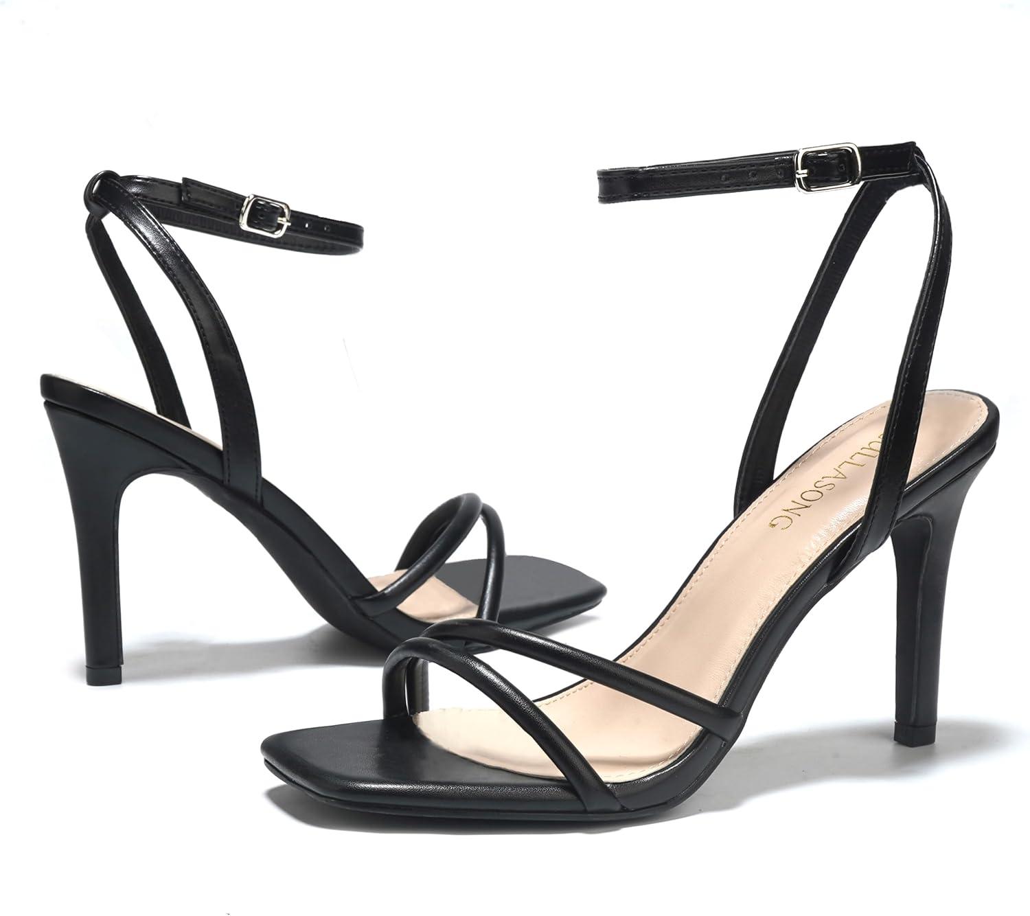 imageWomens Heels Strappy Ankle Strap High Heels 35 Inch Heeled Square Open Toe Sandals for WomenBlack