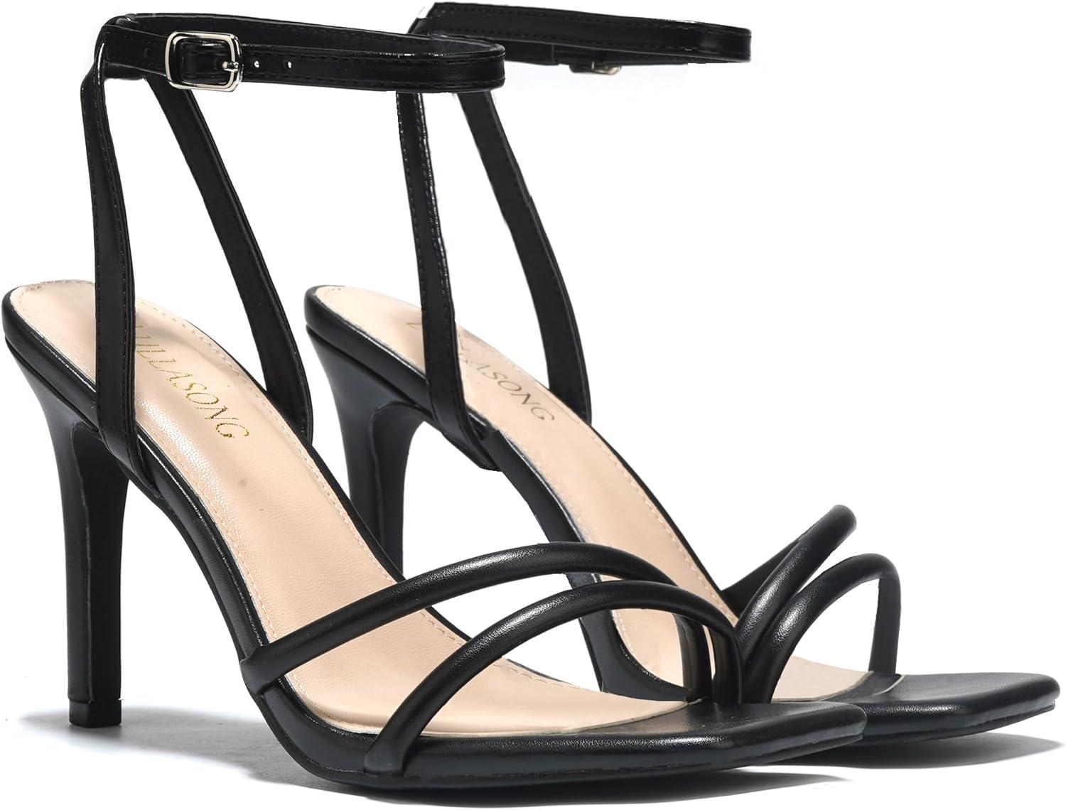 imageWomens Heels Strappy Ankle Strap High Heels 35 Inch Heeled Square Open Toe Sandals for WomenBlack