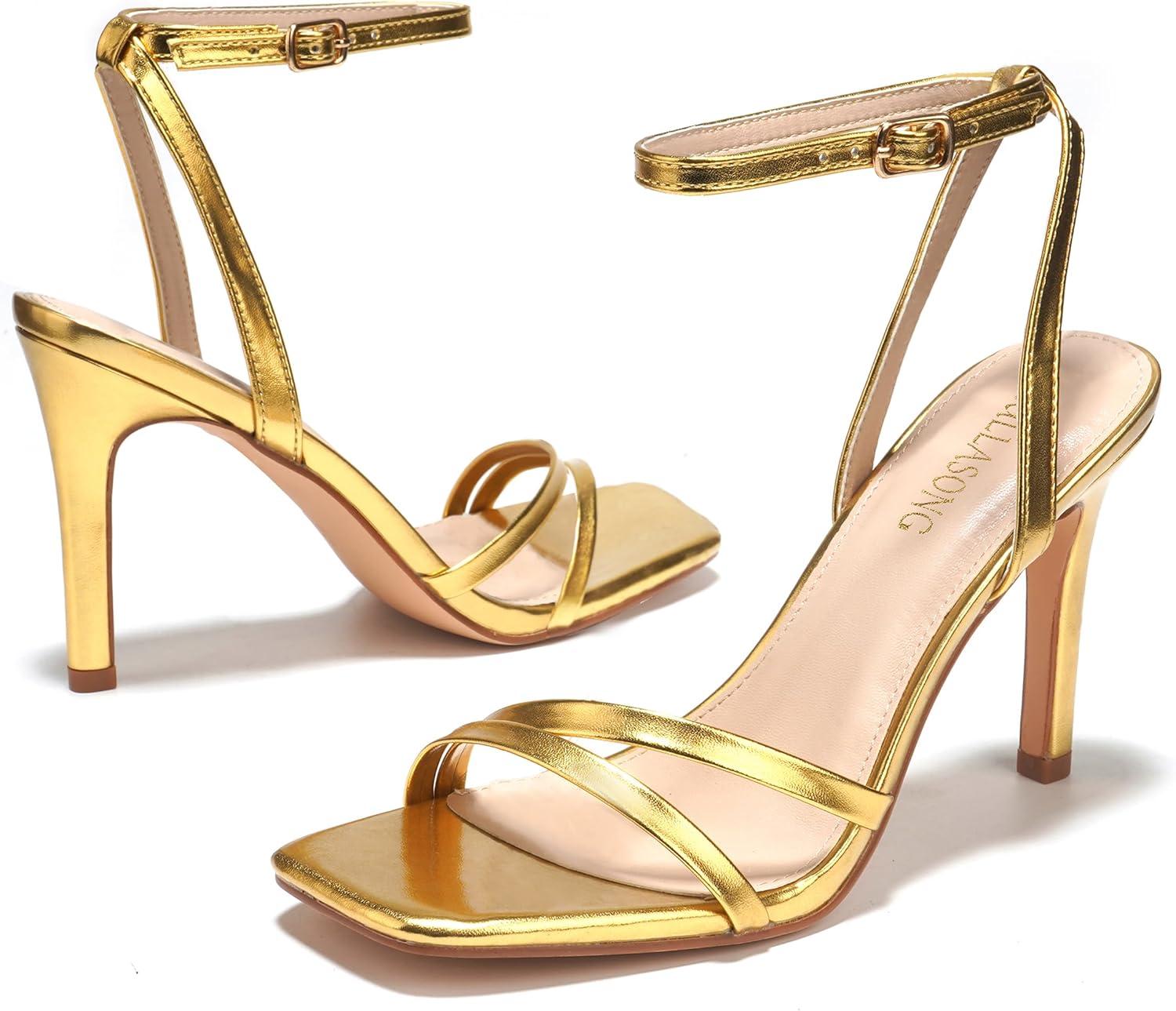 imageWomens Heels Strappy Ankle Strap High Heels 35 Inch Heeled Square Open Toe Sandals for WomenGold