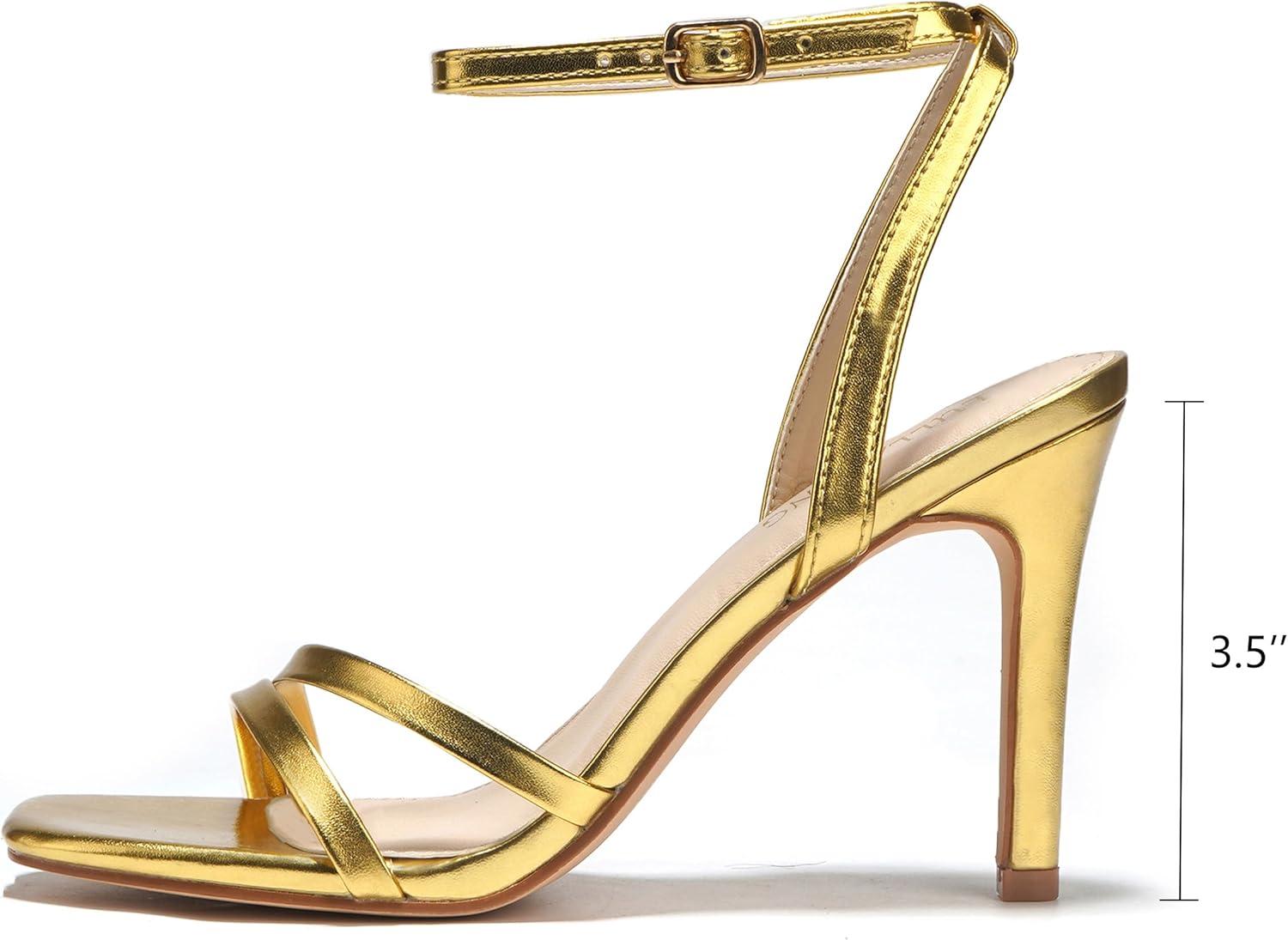 imageWomens Heels Strappy Ankle Strap High Heels 35 Inch Heeled Square Open Toe Sandals for WomenGold