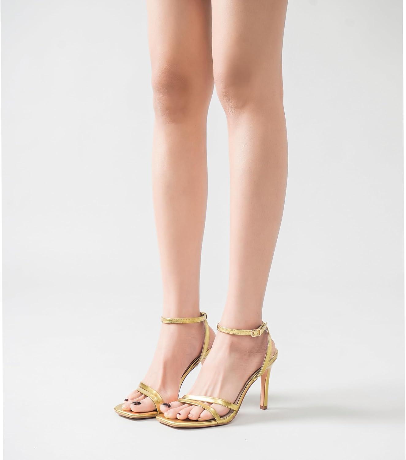 imageWomens Heels Strappy Ankle Strap High Heels 35 Inch Heeled Square Open Toe Sandals for WomenGold