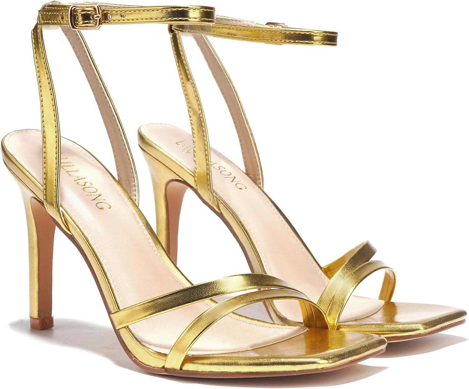 imageWomens Heels Strappy Ankle Strap High Heels 35 Inch Heeled Square Open Toe Sandals for WomenGold