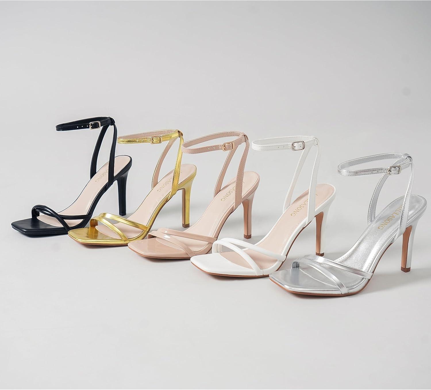 imageWomens Heels Strappy Ankle Strap High Heels 35 Inch Heeled Square Open Toe Sandals for WomenNude