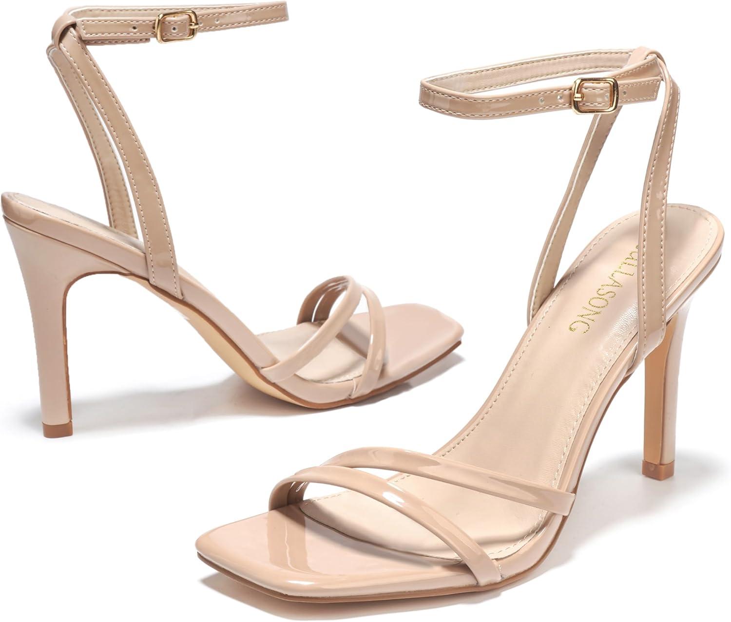imageWomens Heels Strappy Ankle Strap High Heels 35 Inch Heeled Square Open Toe Sandals for WomenNude