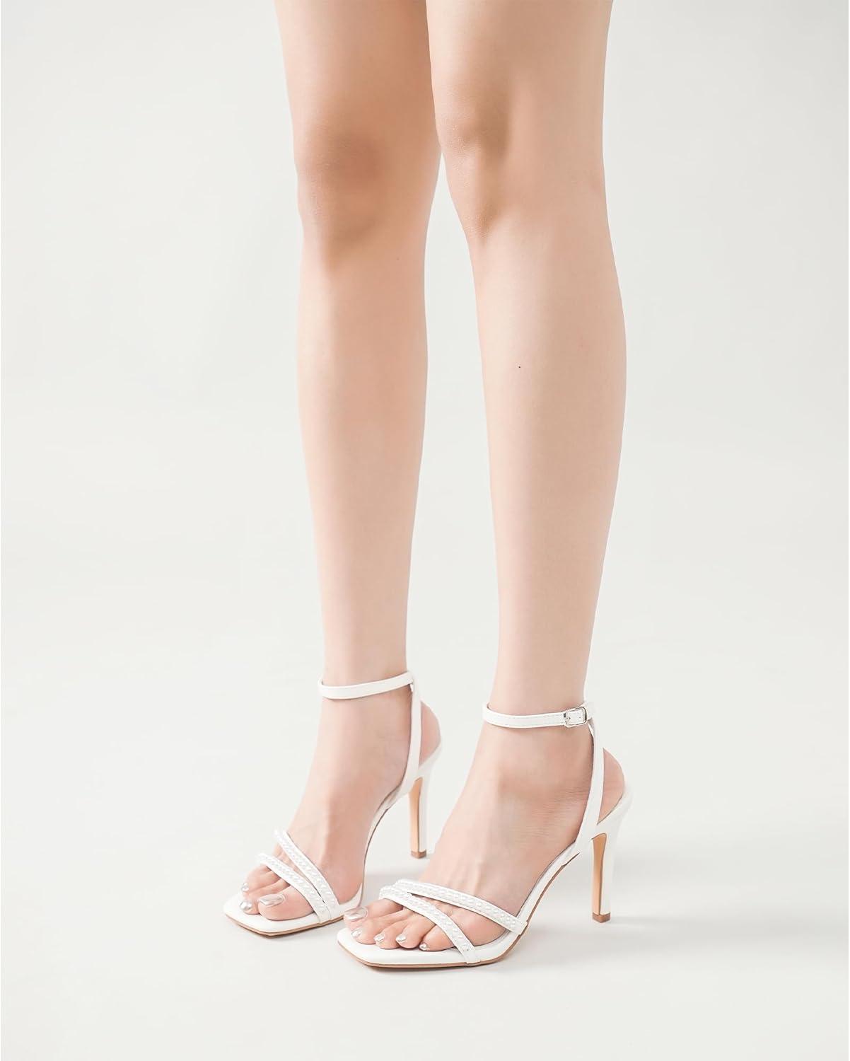 imageWomens Heels Strappy Ankle Strap High Heels 35 Inch Heeled Square Open Toe Sandals for WomenPearl White
