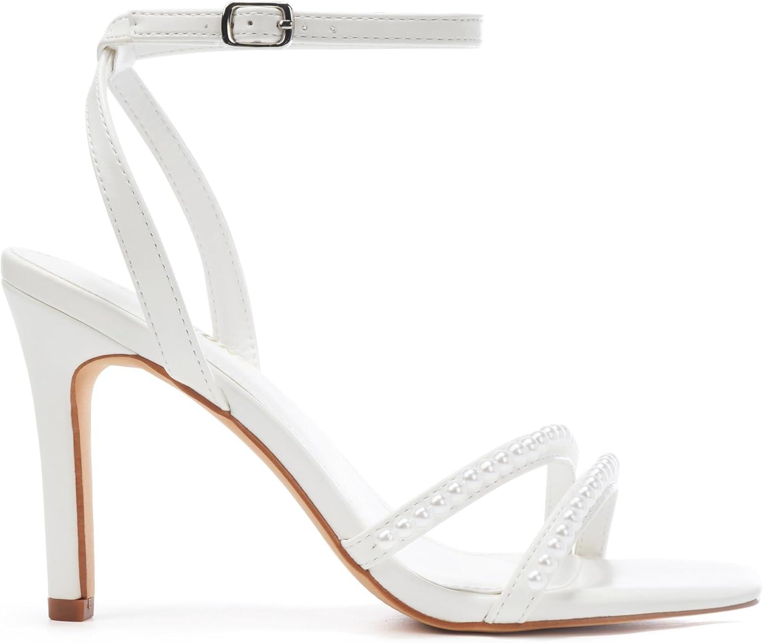 imageWomens Heels Strappy Ankle Strap High Heels 35 Inch Heeled Square Open Toe Sandals for WomenPearl White