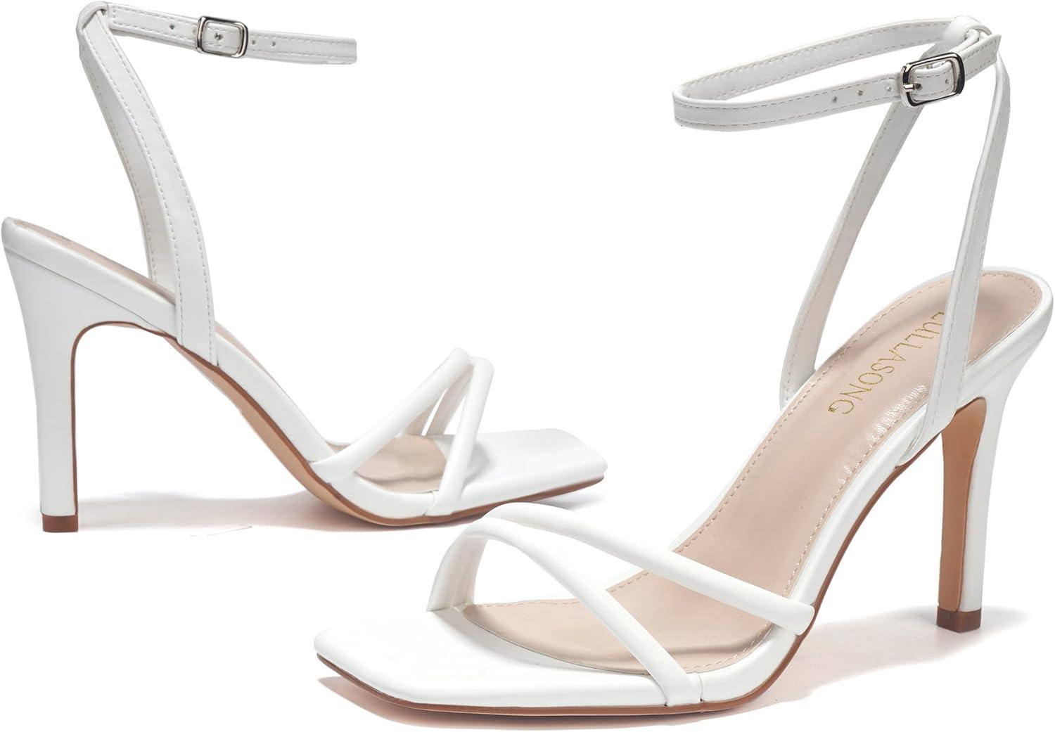 imageWomens Heels Strappy Ankle Strap High Heels 35 Inch Heeled Square Open Toe Sandals for WomenWhite