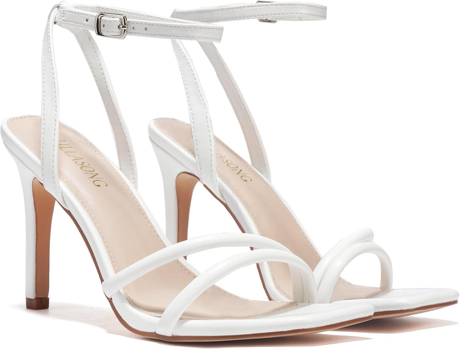 imageWomens Heels Strappy Ankle Strap High Heels 35 Inch Heeled Square Open Toe Sandals for WomenWhite