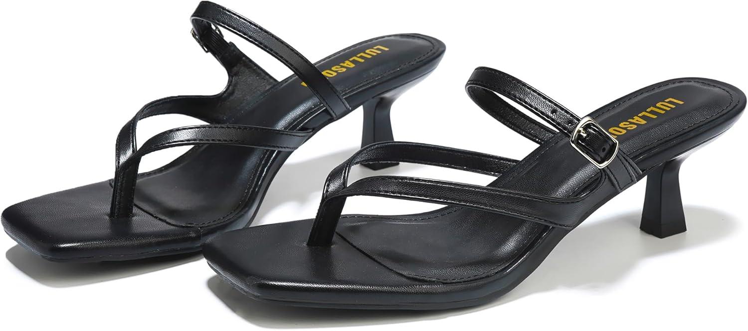 imageWomens Kitten Heels Sandals Flip Flops Low Heels Slip On Slides 182 Inch Heeled Square Open Toe Sandals for WomenBlack