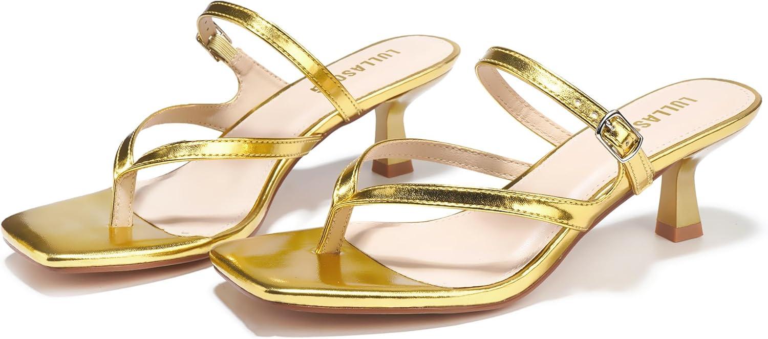 imageWomens Kitten Heels Sandals Flip Flops Low Heels Slip On Slides 182 Inch Heeled Square Open Toe Sandals for WomenGold
