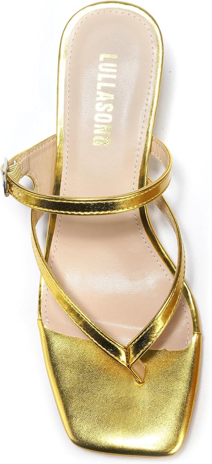 imageWomens Kitten Heels Sandals Flip Flops Low Heels Slip On Slides 182 Inch Heeled Square Open Toe Sandals for WomenGold