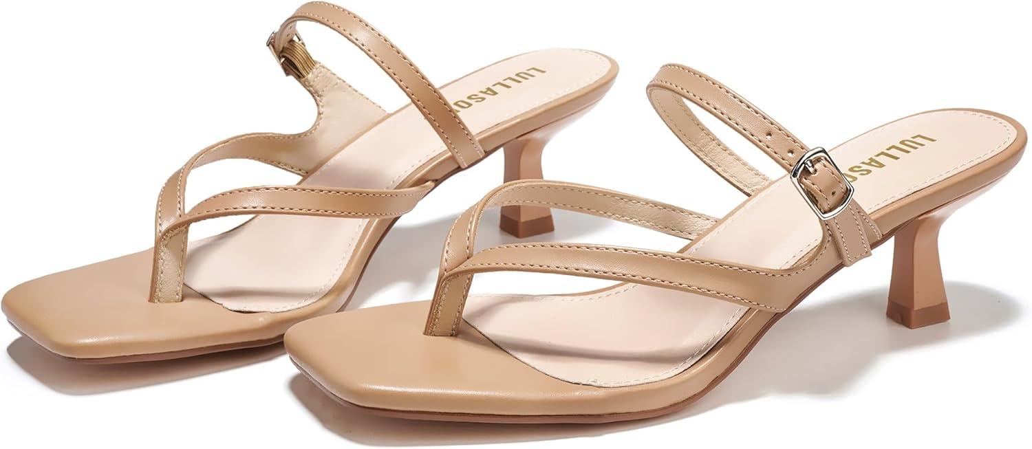 imageWomens Kitten Heels Sandals Flip Flops Low Heels Slip On Slides 182 Inch Heeled Square Open Toe Sandals for WomenNude