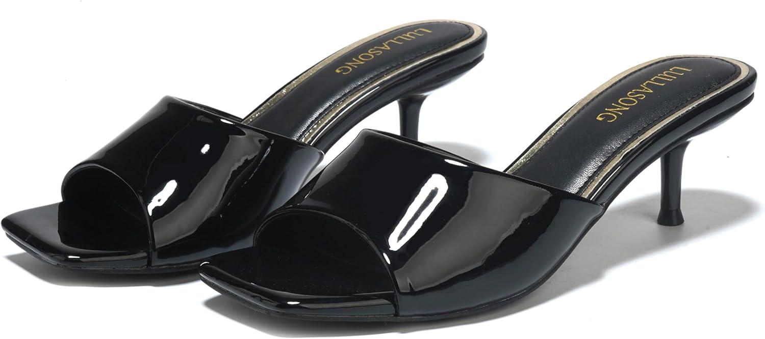 imageWomens Kitten Heels Sandals Low Heels Slip On Slides 2 Inch Heeled Square Open Toe Sandals for WomenBlack