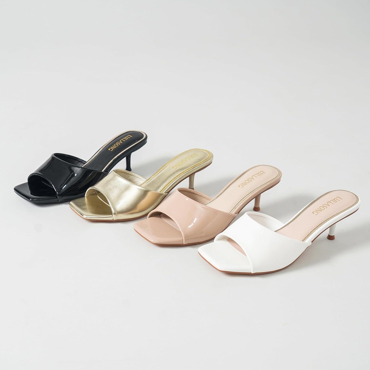 imageWomens Kitten Heels Sandals Low Heels Slip On Slides 2 Inch Heeled Square Open Toe Sandals for WomenGold