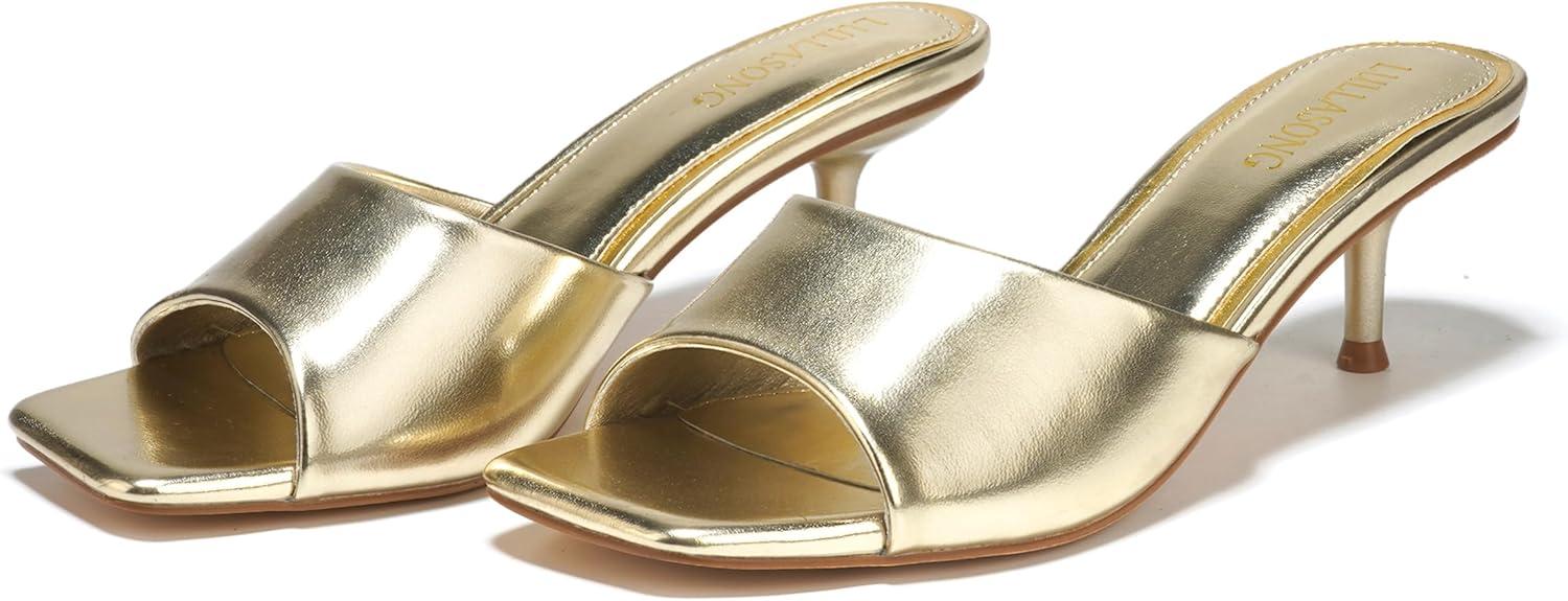 imageWomens Kitten Heels Sandals Low Heels Slip On Slides 2 Inch Heeled Square Open Toe Sandals for WomenGold