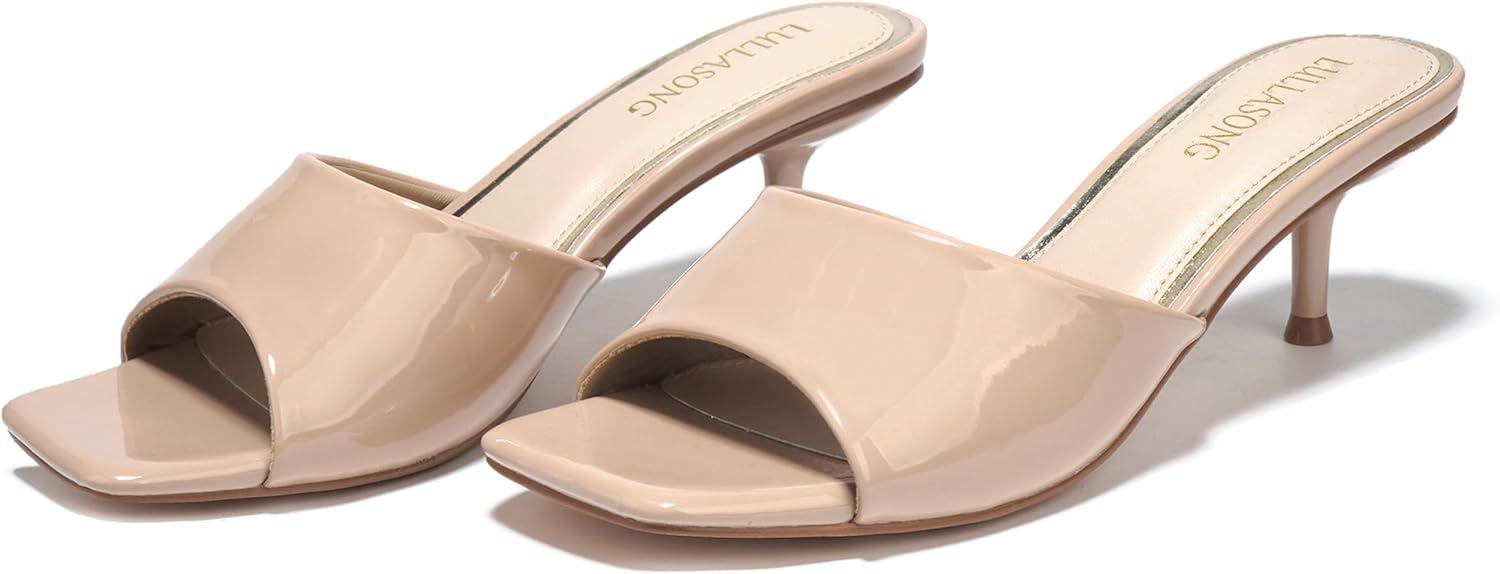 imageWomens Kitten Heels Sandals Low Heels Slip On Slides 2 Inch Heeled Square Open Toe Sandals for WomenNude