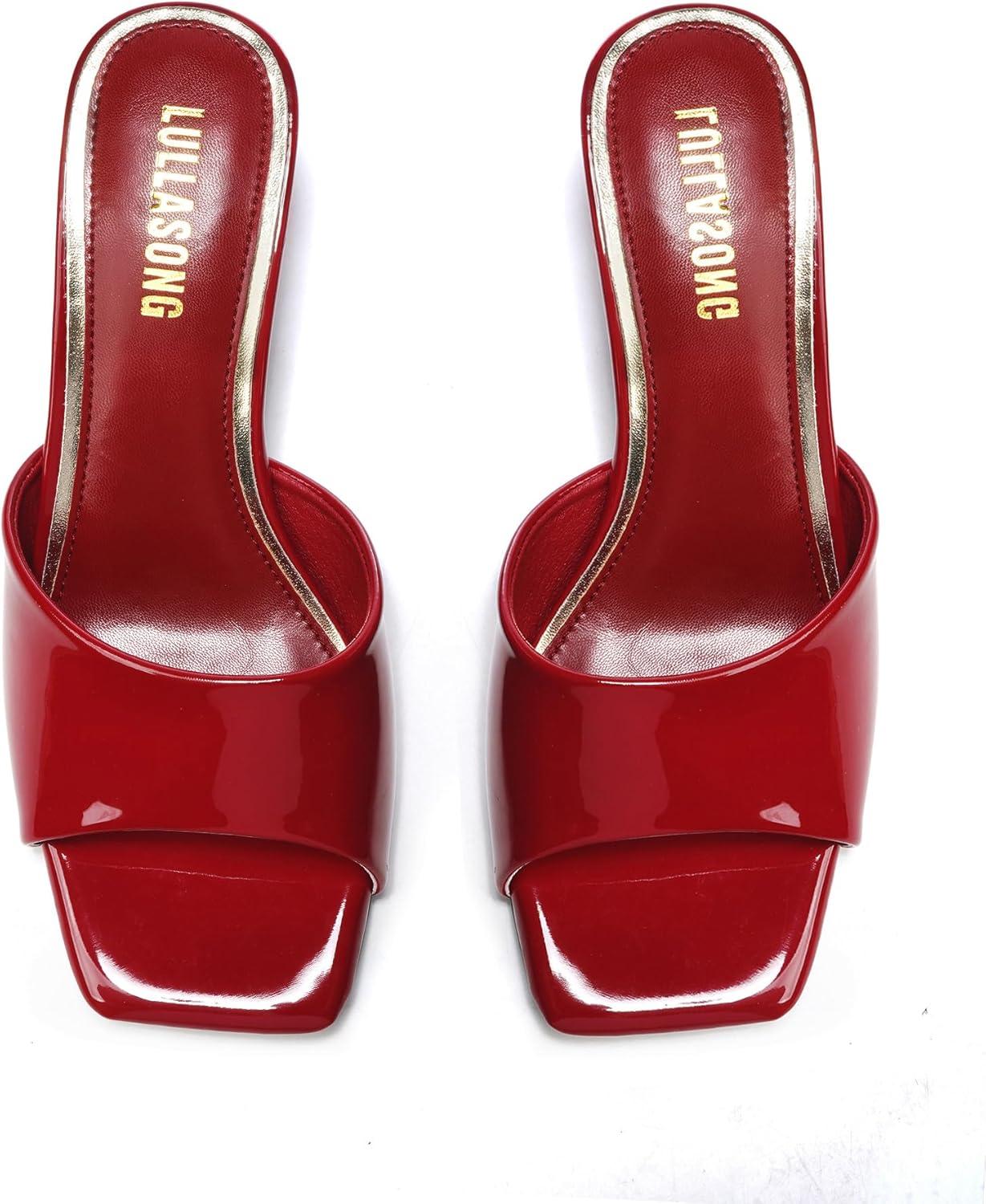 imageWomens Kitten Heels Sandals Low Heels Slip On Slides 2 Inch Heeled Square Open Toe Sandals for WomenRed