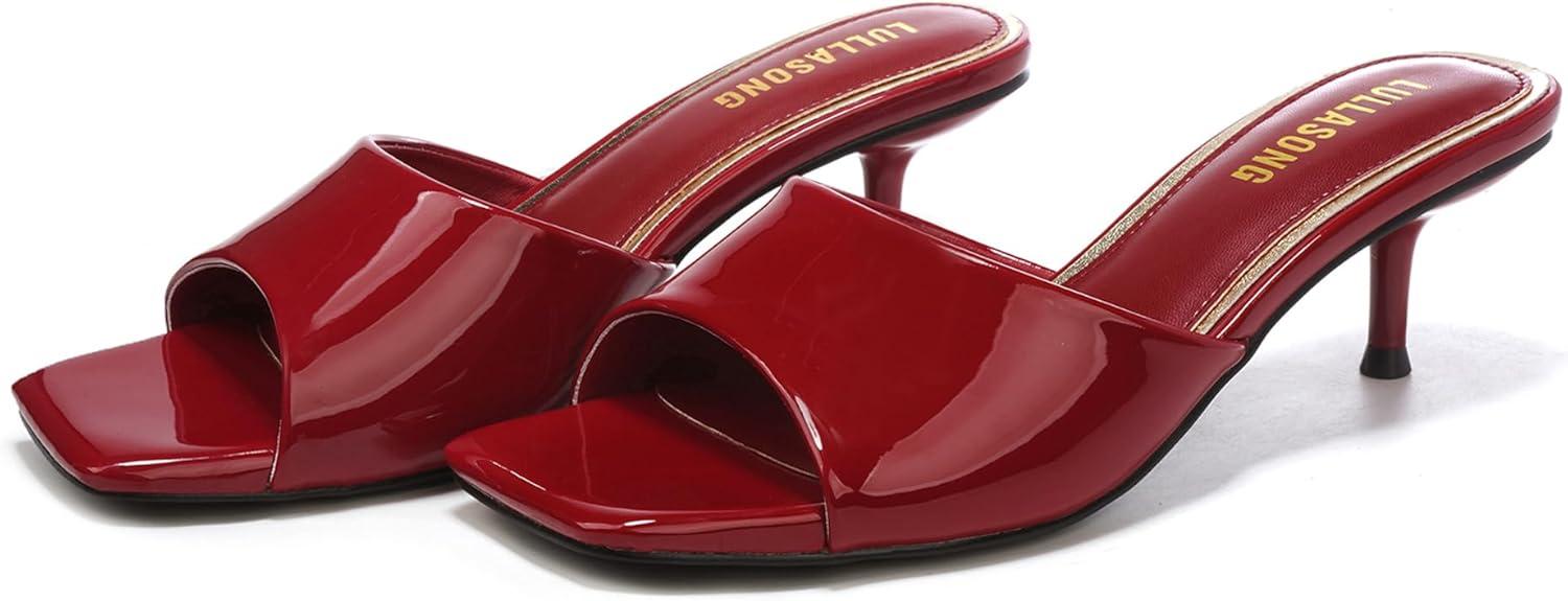 imageWomens Kitten Heels Sandals Low Heels Slip On Slides 2 Inch Heeled Square Open Toe Sandals for WomenRed