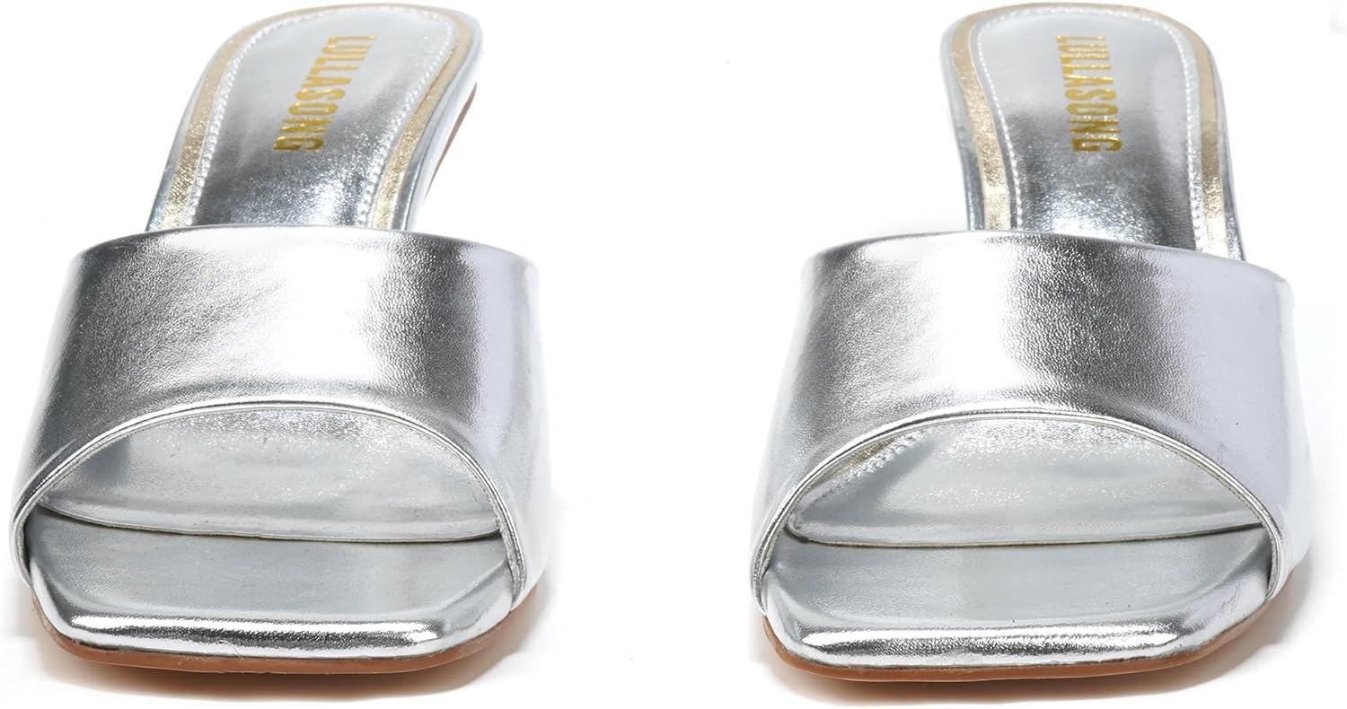 imageWomens Kitten Heels Sandals Low Heels Slip On Slides 2 Inch Heeled Square Open Toe Sandals for WomenSilver