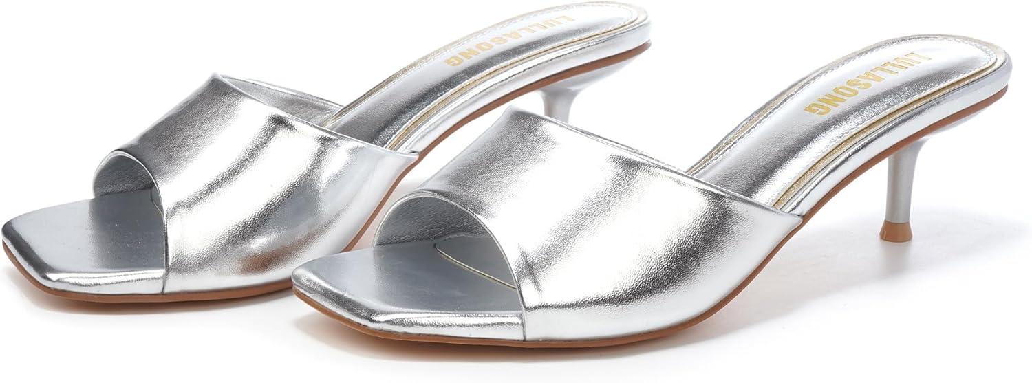 imageWomens Kitten Heels Sandals Low Heels Slip On Slides 2 Inch Heeled Square Open Toe Sandals for WomenSilver
