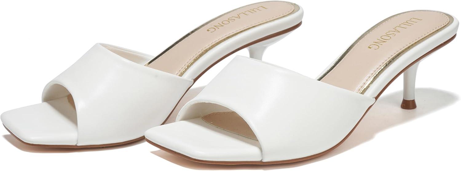 imageWomens Kitten Heels Sandals Low Heels Slip On Slides 2 Inch Heeled Square Open Toe Sandals for WomenWhite