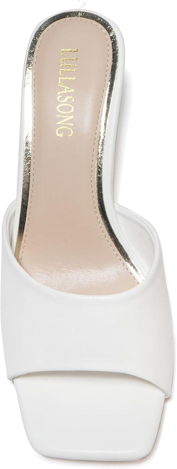imageWomens Kitten Heels Sandals Low Heels Slip On Slides 2 Inch Heeled Square Open Toe Sandals for WomenWhite
