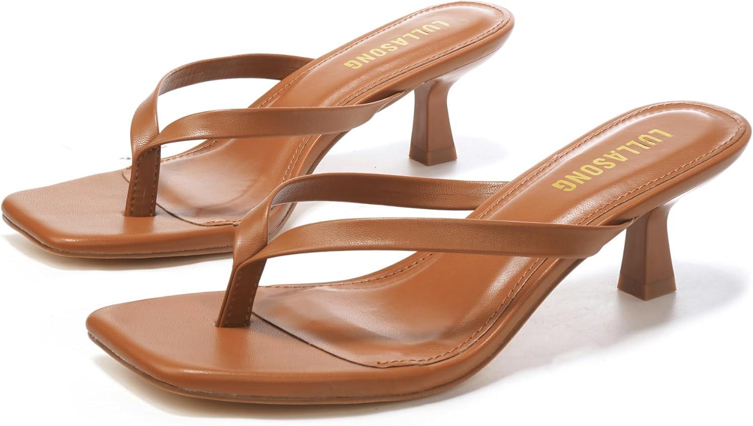 imageWomens Kitten Heels Sandals Square Open Toe Flip Flop Heels 182 Inch Heeled Sandals for WomenBrown