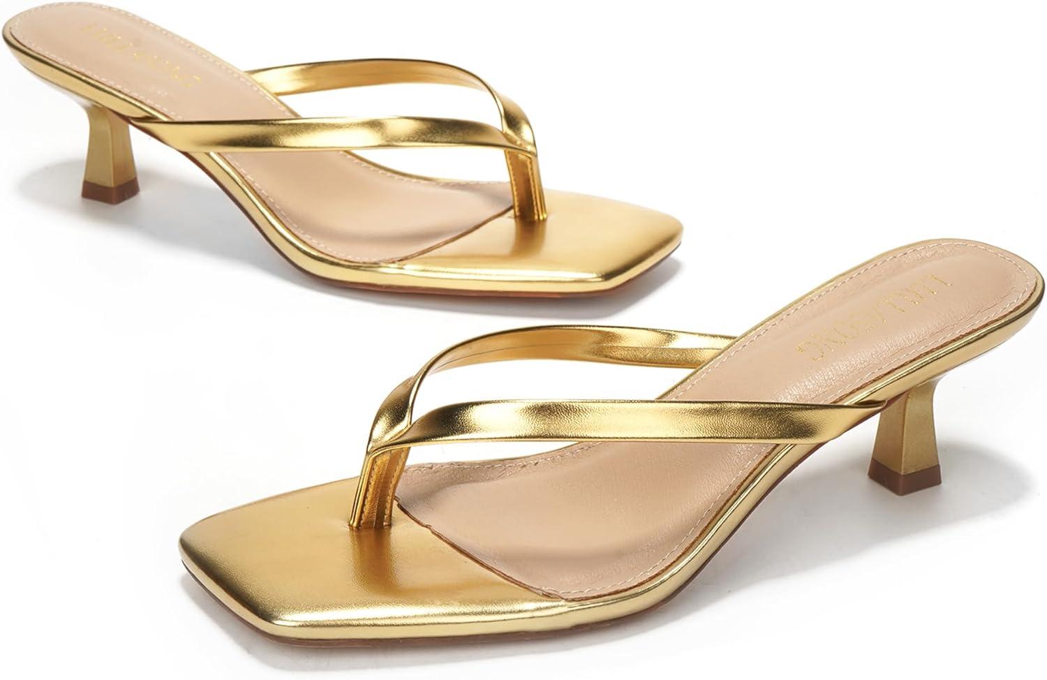 imageWomens Kitten Heels Sandals Square Open Toe Flip Flop Heels 182 Inch Heeled Sandals for WomenGold