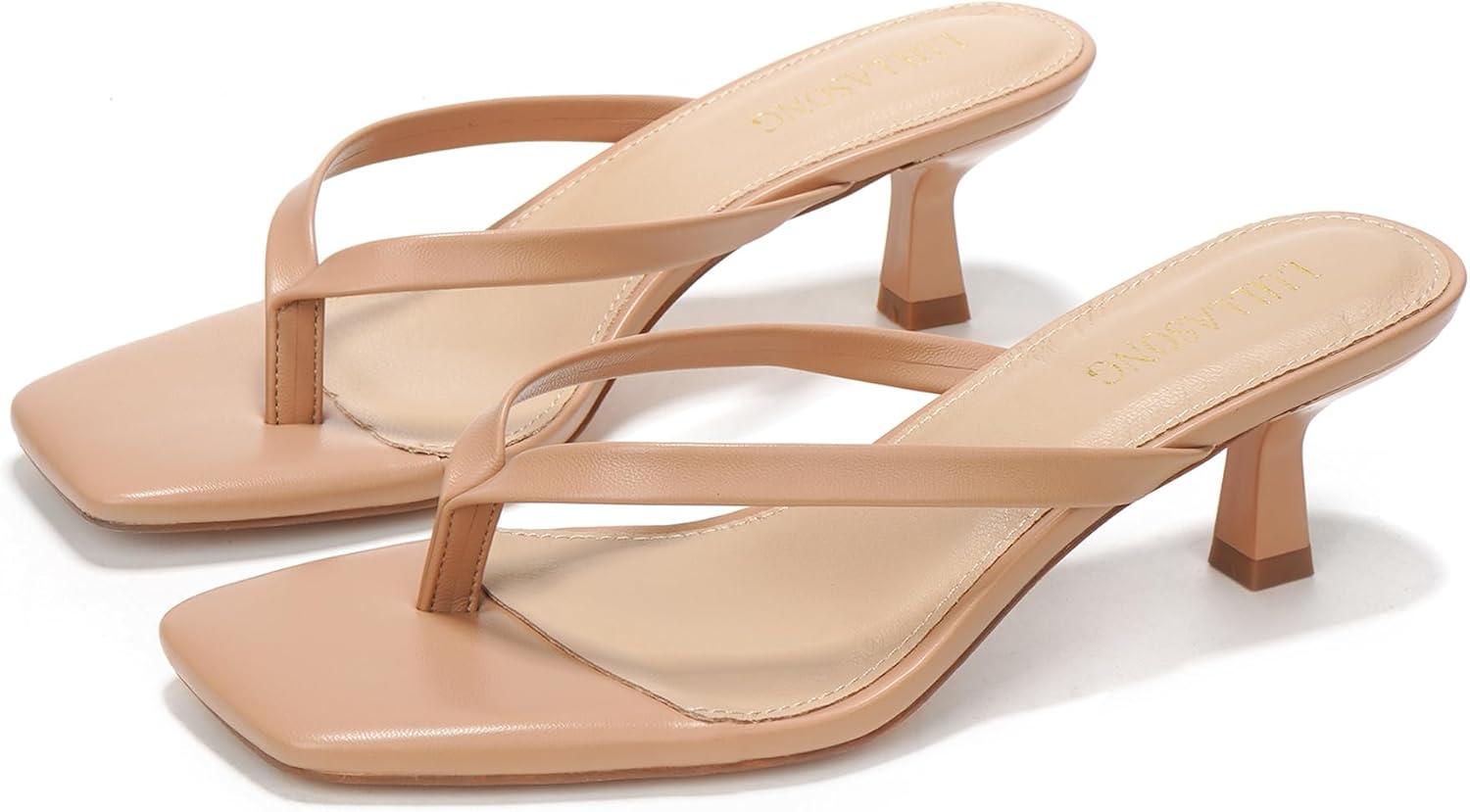 imageWomens Kitten Heels Sandals Square Open Toe Flip Flop Heels 182 Inch Heeled Sandals for WomenNude