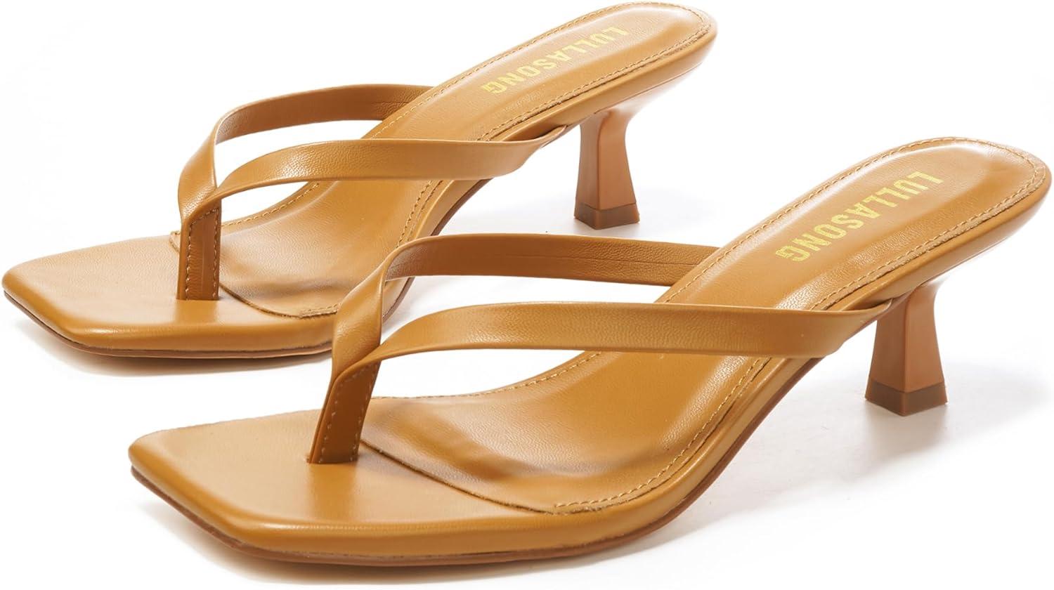imageWomens Kitten Heels Sandals Square Open Toe Flip Flop Heels 182 Inch Heeled Sandals for WomenTan