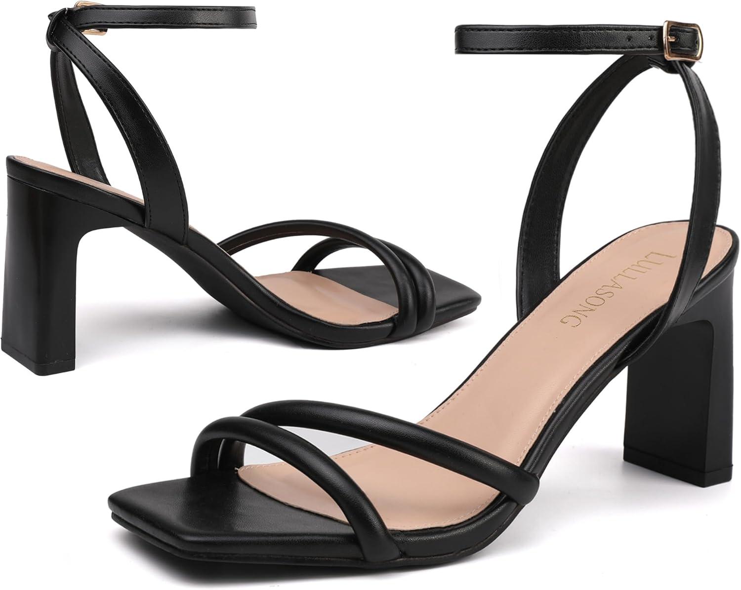 imageWomens Strappy Heeled Sandals Square Open Toe Chunky High Heels Strappy Ankle Buckle Pump Sandals Sexy Dress Party ShoesBlack