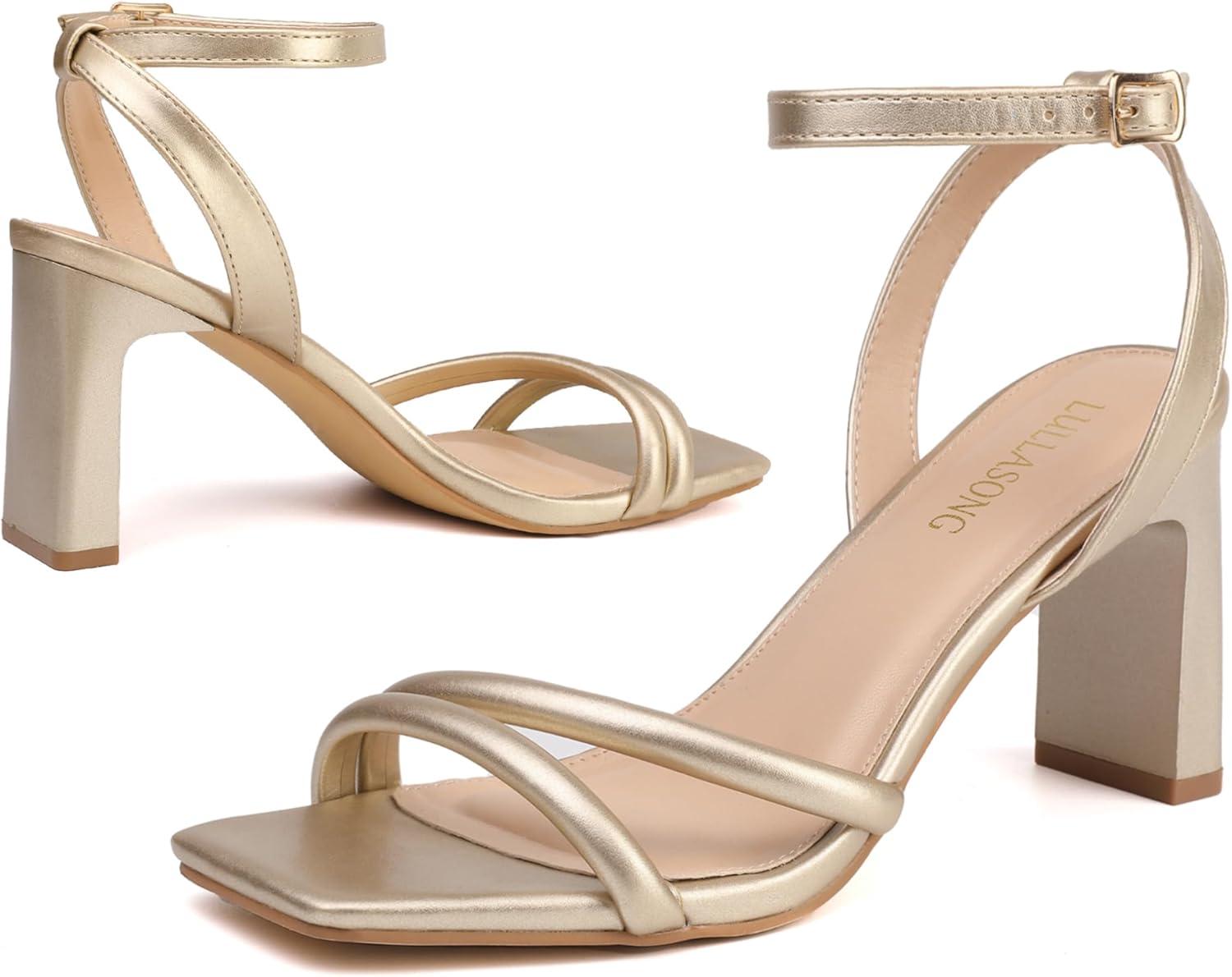 imageWomens Strappy Heeled Sandals Square Open Toe Chunky High Heels Strappy Ankle Buckle Pump Sandals Sexy Dress Party ShoesGold