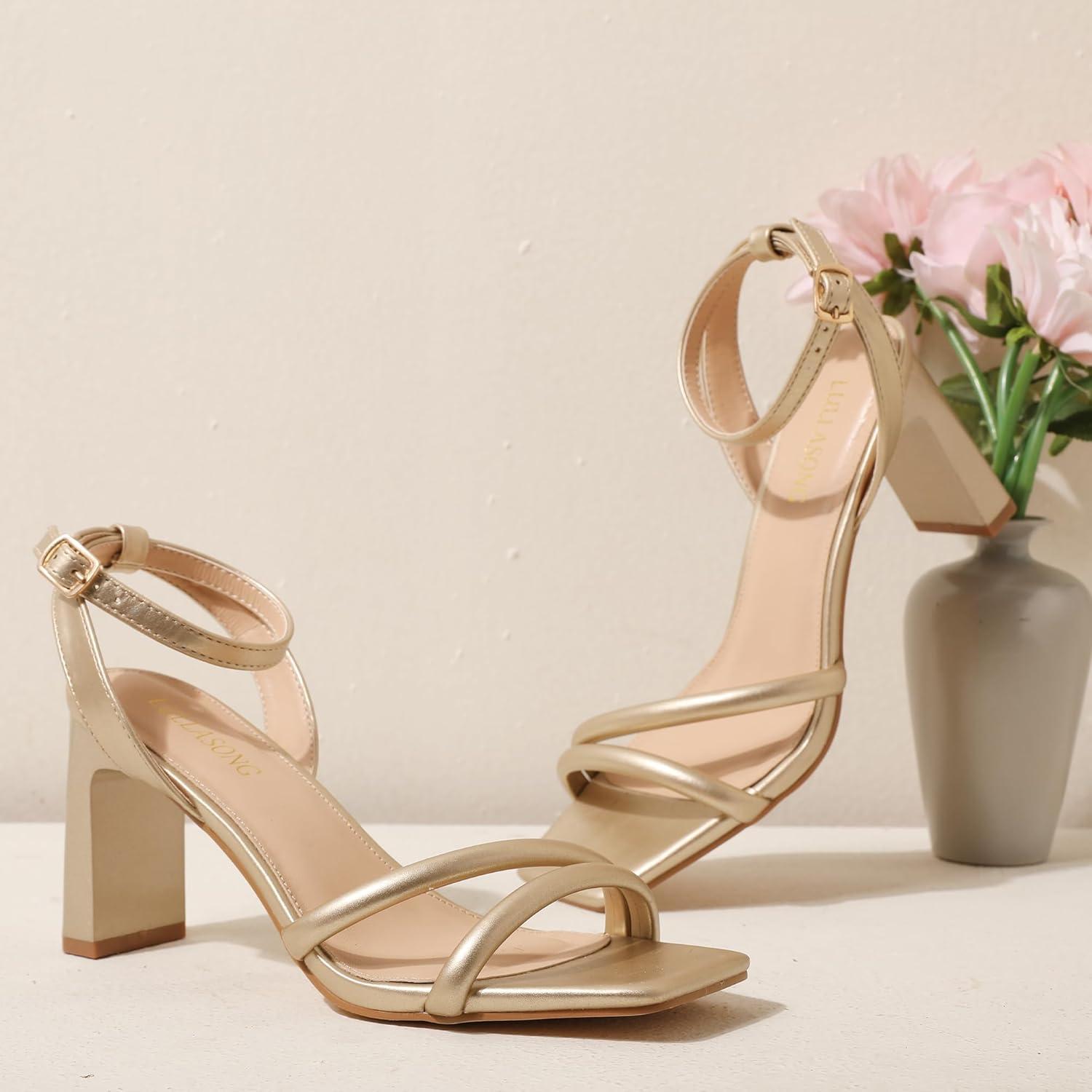 imageWomens Strappy Heeled Sandals Square Open Toe Chunky High Heels Strappy Ankle Buckle Pump Sandals Sexy Dress Party ShoesGold