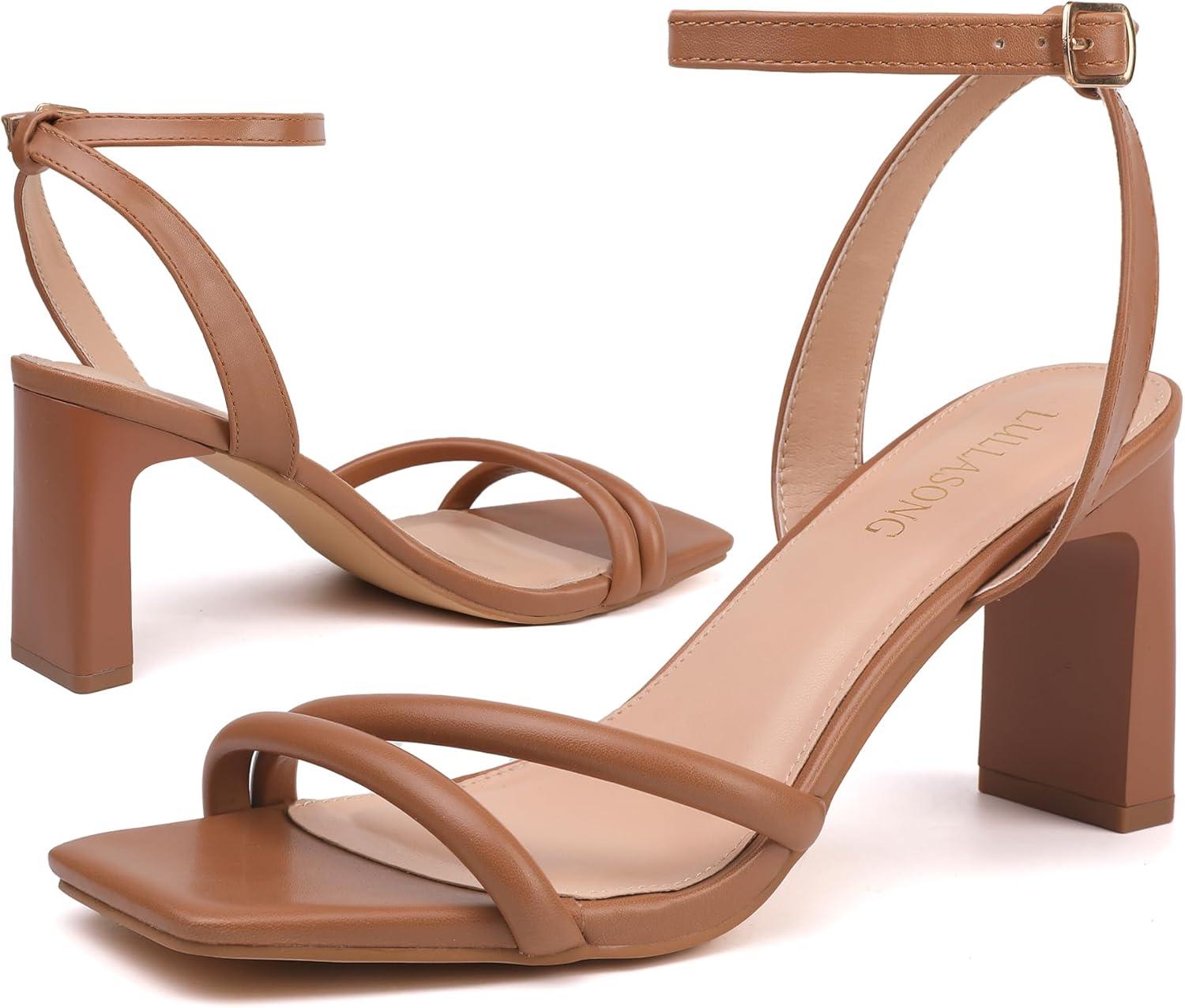 imageWomens Strappy Heeled Sandals Square Open Toe Chunky High Heels Strappy Ankle Buckle Pump Sandals Sexy Dress Party ShoesTan