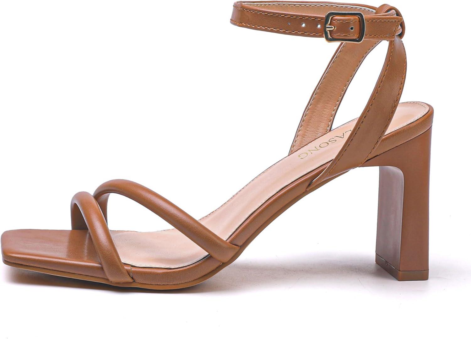 imageWomens Strappy Heeled Sandals Square Open Toe Chunky High Heels Strappy Ankle Buckle Pump Sandals Sexy Dress Party ShoesTan