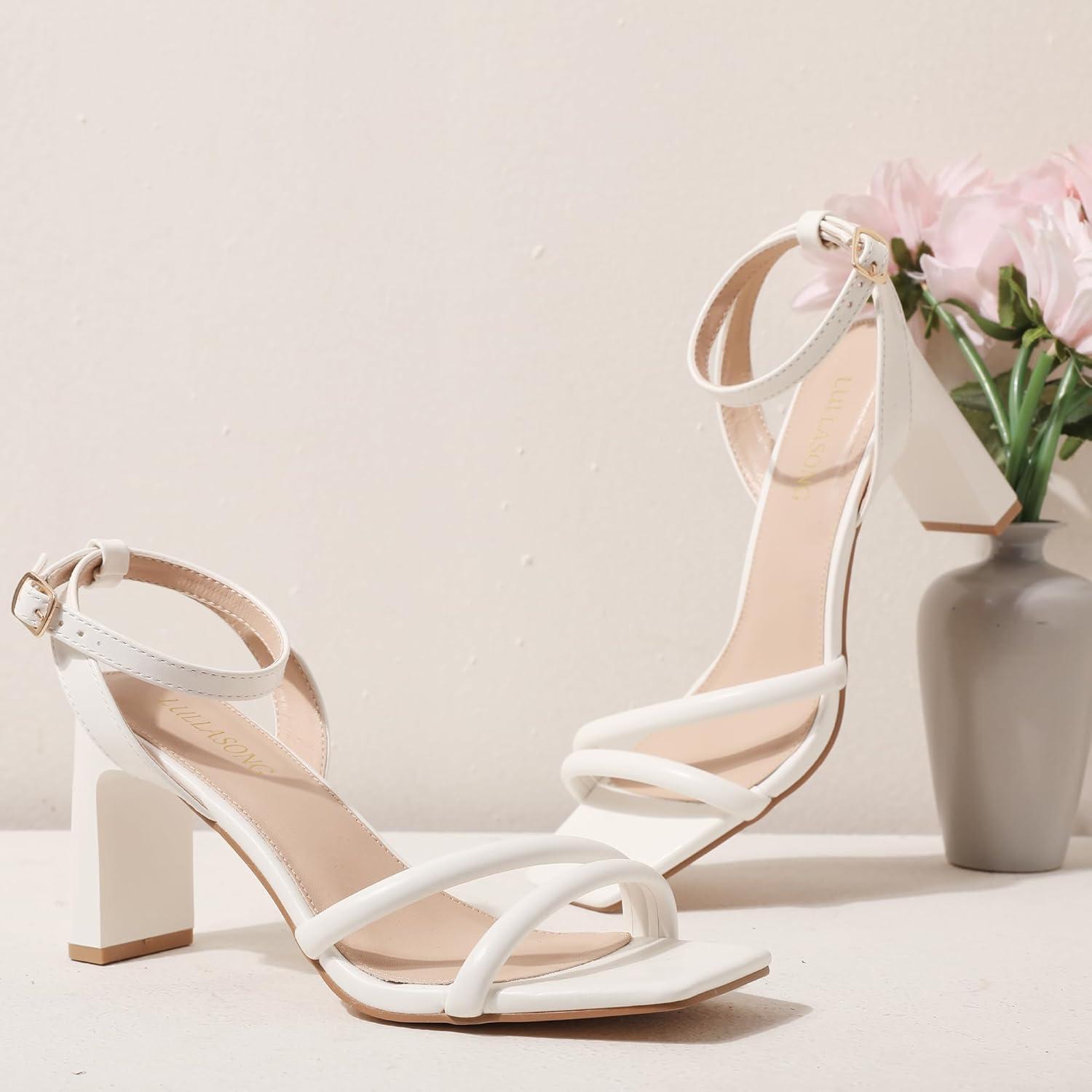 imageWomens Strappy Heeled Sandals Square Open Toe Chunky High Heels Strappy Ankle Buckle Pump Sandals Sexy Dress Party ShoesWhite