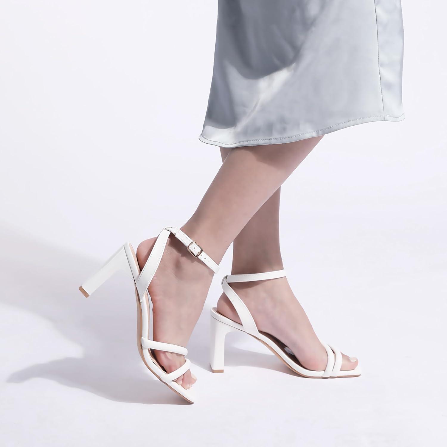 imageWomens Strappy Heeled Sandals Square Open Toe Chunky High Heels Strappy Ankle Buckle Pump Sandals Sexy Dress Party ShoesWhite