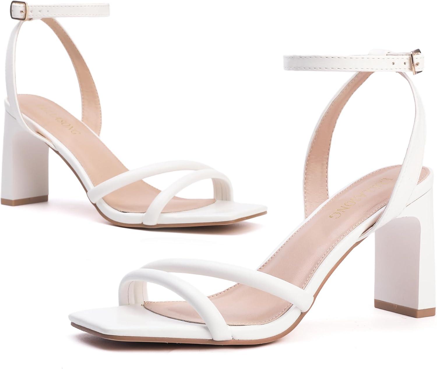 imageWomens Strappy Heeled Sandals Square Open Toe Chunky High Heels Strappy Ankle Buckle Pump Sandals Sexy Dress Party ShoesWhite