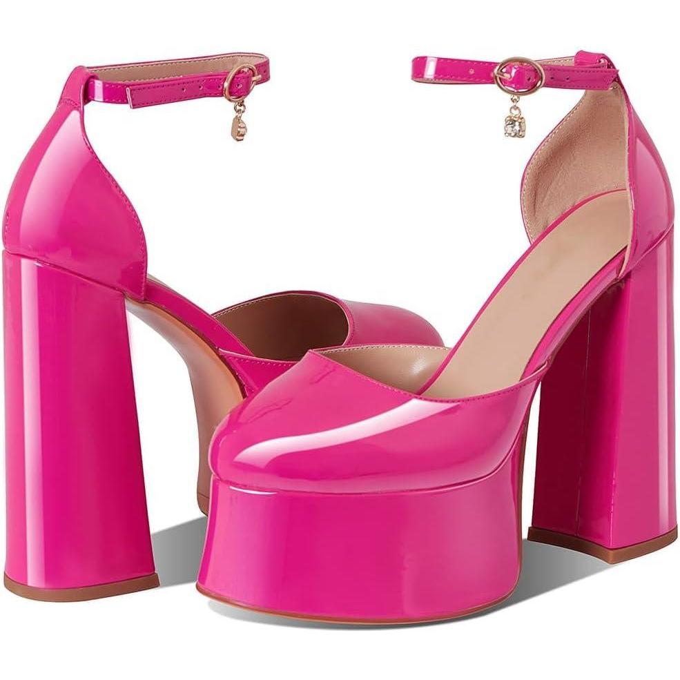 imageChunky Platform Heels Pink Platform Sandals For Women Close Toe Ankle Strap Chunky Block High Heel Fashion Pumps