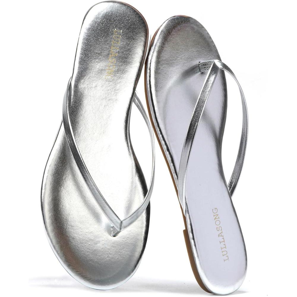 imageFlip Flops For Women Comfortable Round Toe Beach Sandals Thong Strap Slides Slip On Dressy Flats Sandals For WomenSilver
