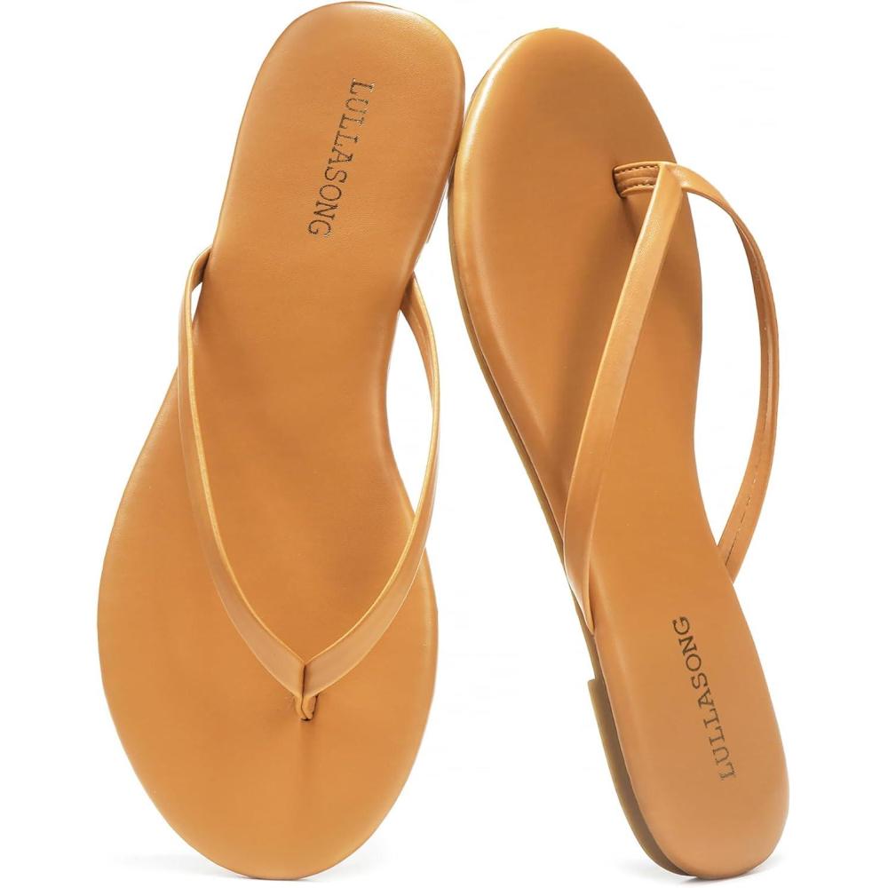 imageFlip Flops For Women Comfortable Round Toe Beach Sandals Thong Strap Slides Slip On Dressy Flats Sandals For WomenTan