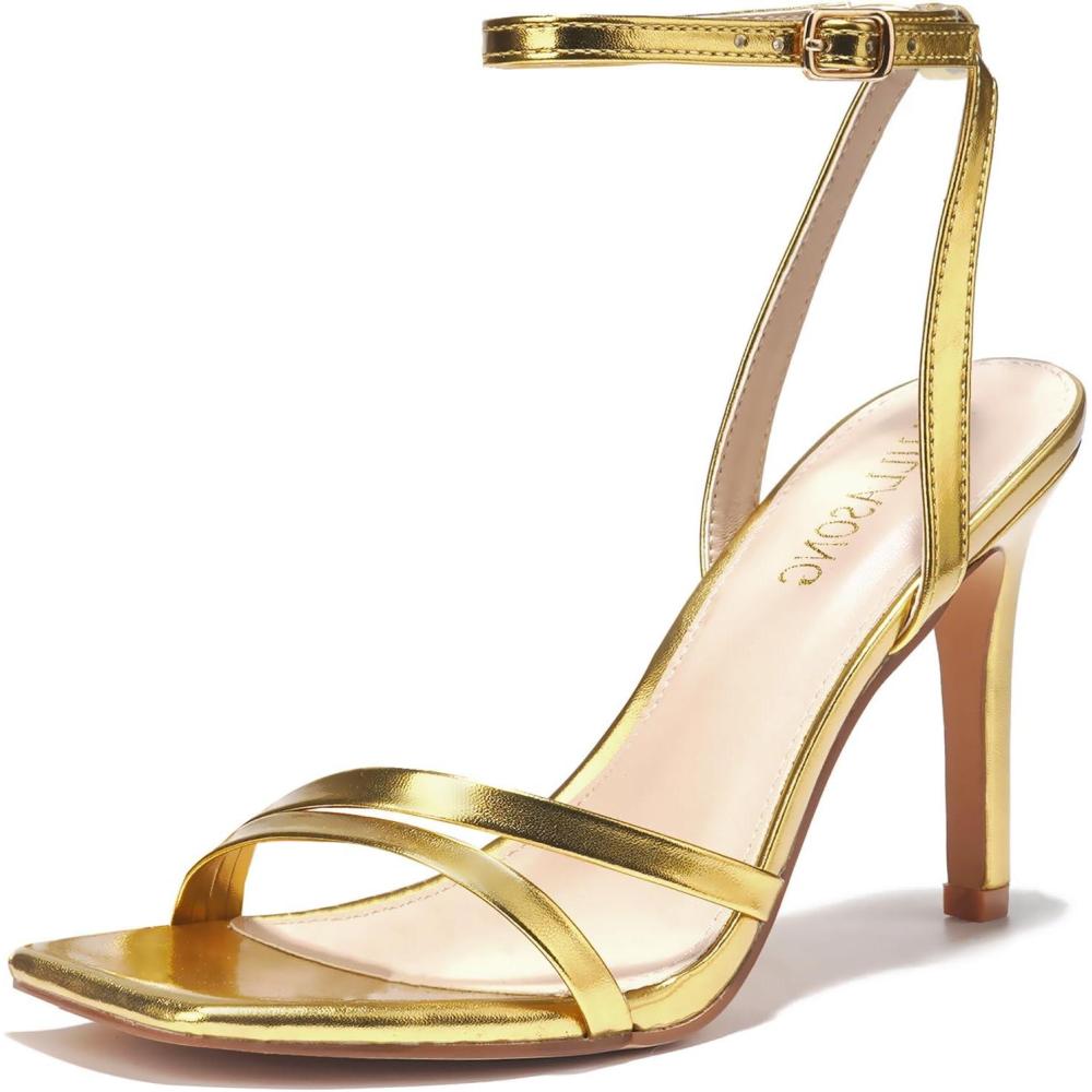 imageWomens Heels Strappy Ankle Strap High Heels 35 Inch Heeled Square Open Toe Sandals for WomenGold