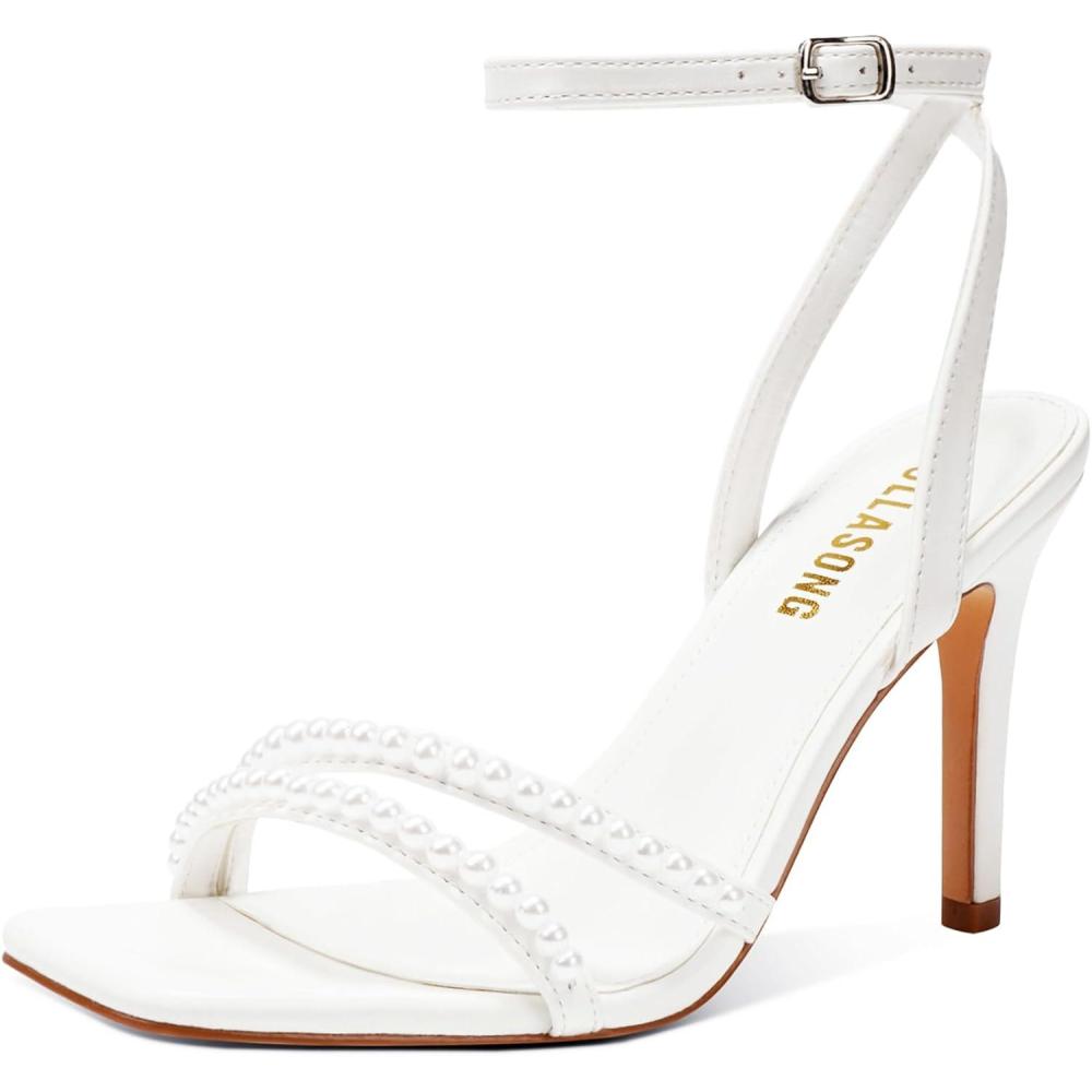imageWomens Heels Strappy Ankle Strap High Heels 35 Inch Heeled Square Open Toe Sandals for WomenPearl White