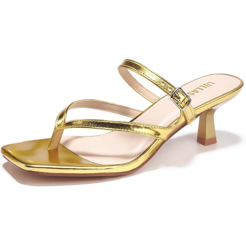 imageWomens Kitten Heels Sandals Flip Flops Low Heels Slip On Slides 182 Inch Heeled Square Open Toe Sandals for WomenGold