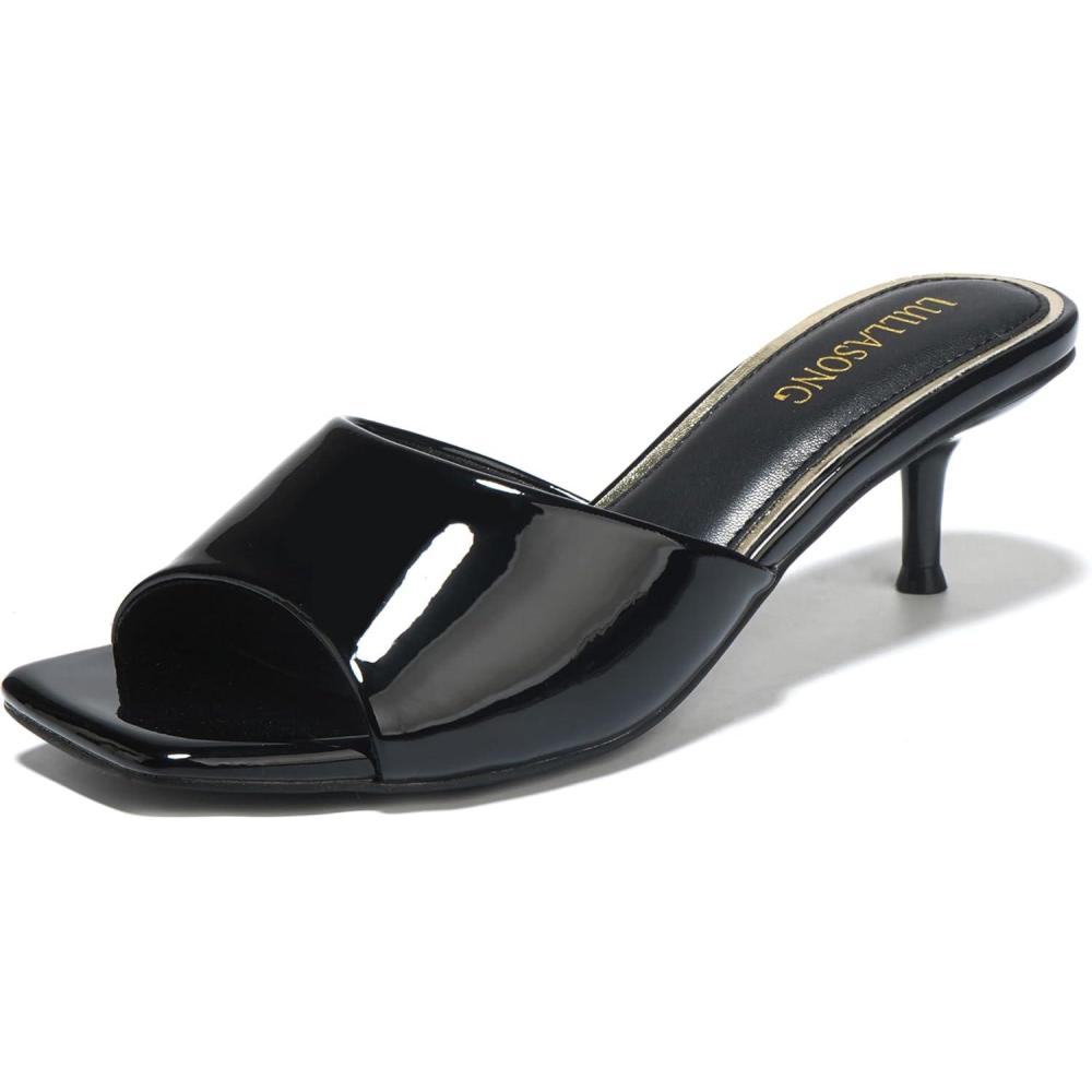 imageWomens Kitten Heels Sandals Low Heels Slip On Slides 2 Inch Heeled Square Open Toe Sandals for WomenBlack