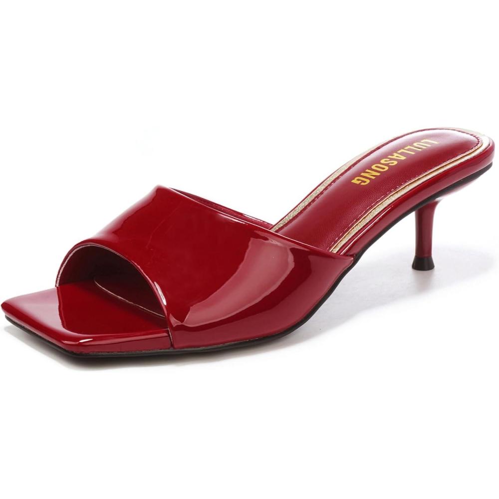imageWomens Kitten Heels Sandals Low Heels Slip On Slides 2 Inch Heeled Square Open Toe Sandals for WomenRed