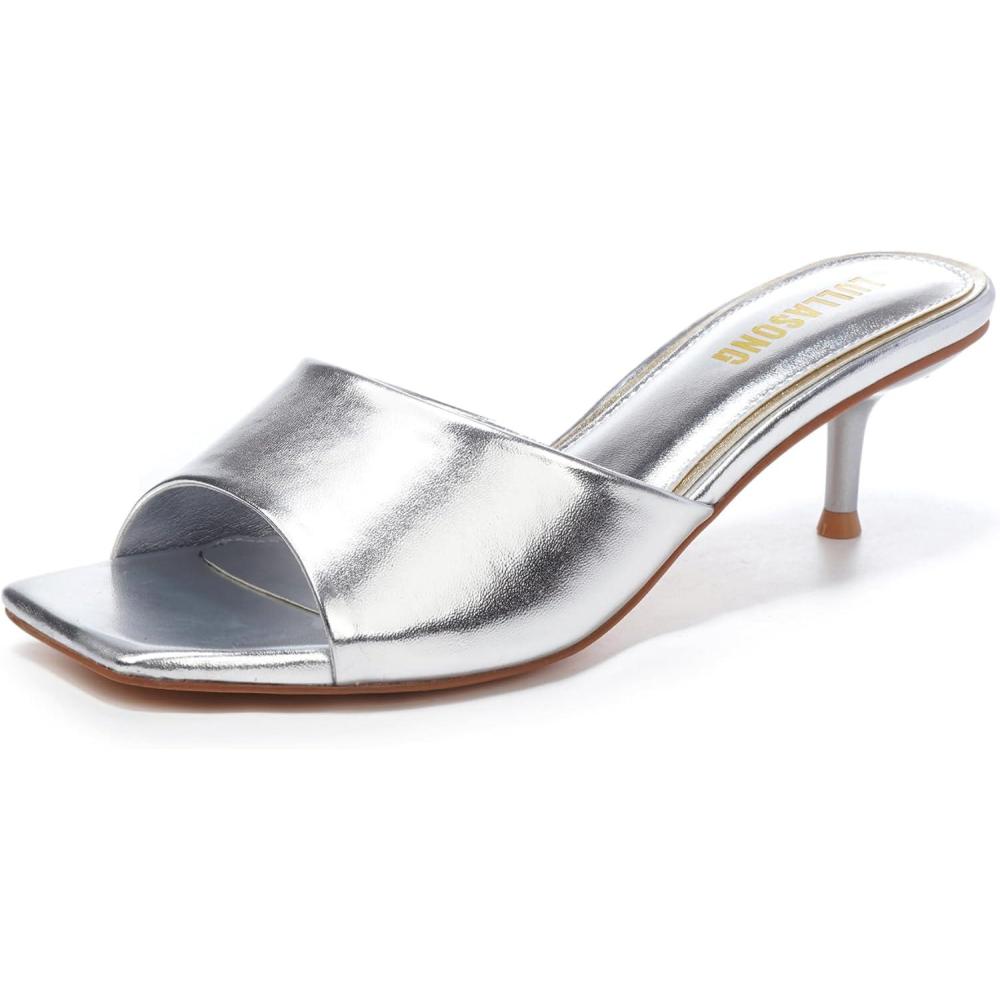imageWomens Kitten Heels Sandals Low Heels Slip On Slides 2 Inch Heeled Square Open Toe Sandals for WomenSilver