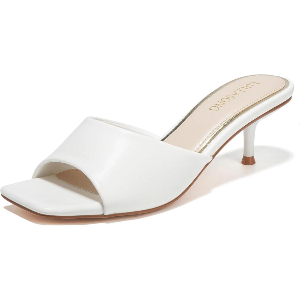 imageWomens Kitten Heels Sandals Low Heels Slip On Slides 2 Inch Heeled Square Open Toe Sandals for WomenWhite